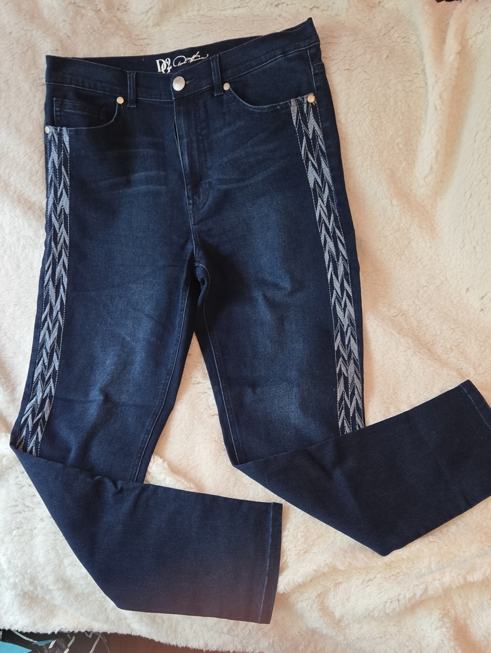DG2 by Diane Gilman Dark Blue Straight Leg Jeans with Chevron Side Trim